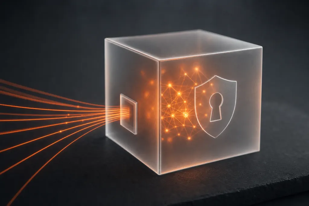 Frosted glass cube with a glowing core and a shield symbol, data entering through a single gate
